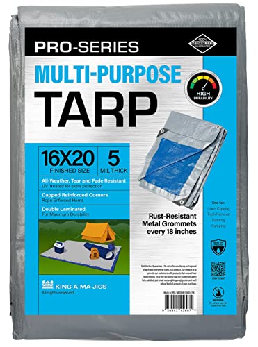 16x20 Ft Tarp, Waterproof Plastic Poly 5.5 Mil Thick Tarpaulin with Metal Grommets Every 18in - Emergency Rain Shelter, Outdoor Cover and Camping Use - (Reversible, Blue and Silver)