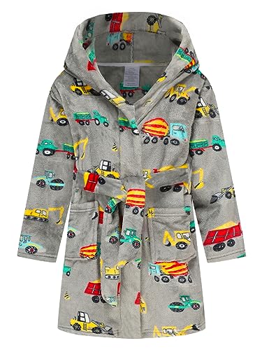 Tunoluker Kids Boys Girls Flannel Hooded Bathrobe Toddler Robe Pajamas Sleepwear Gray Excavator 4-5T