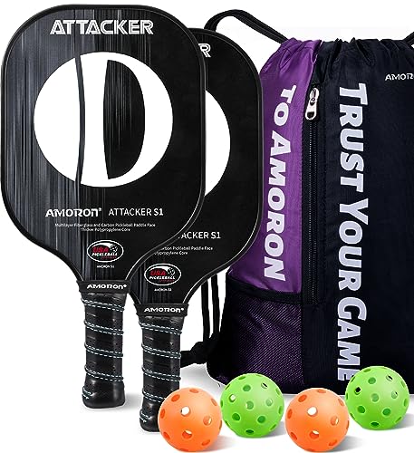 AMORON Pickleball Paddles Set, USAPA Approved Multilayer Fiberglass and Carbon Face, 25% Thicker PP Core Pickleball Rackets, Lightweight Pickleball Set of 2