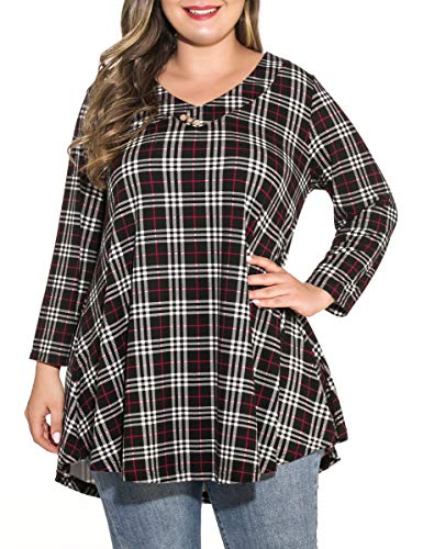 MONNURO Womens Plus Size 3/4 Sleeve V Neck Button Casual Loose Flowy Swing Tunic Tops Basic Tee Shirts for Leggings(2-Black,3X)