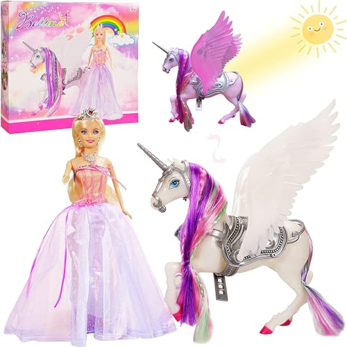 Yellow River 2023 Rainbow Braided Hair Unicorn Princess Doll Playset, 12' Fashion Fairy Tale Doll, Color Change White Unicorn Toy Doll with Horse Mane Brush, Unicorn Gift for Girls