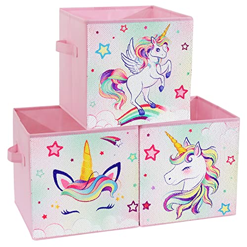 WERNNSAI Unicorn Cube Storage Bin - 3 Pack Organizer Storage Baskets with Handles Fabric Collapsible Storage Bins Set 11' x 11' x 11' Pink Sequin Decorative for kids Home Closet Nursery Room Bedroom