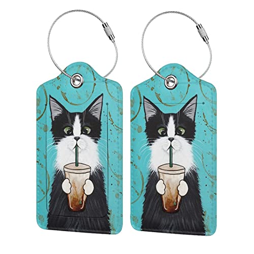 Cat Art 2 Pack Luggage Tags Cute PU LeatherSuitcase ID Tag Travel Bag Labelswith Full Back Privacy Cover Stainless Steel Loop for Men Women