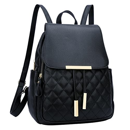 KKXIU Quilted Trendy Leather Backpack Purse for Women and Ladies Shoulder Travel Daypacks Bags (Black)