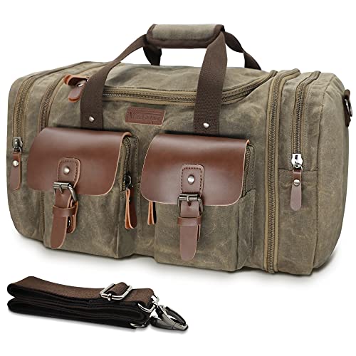 Wildroad Duffle Bag for Travel, 50L Waterproof Waxed Canvas Genuine Leather Weekender Overnight Bag Vintage Travel Hand Bag Carry on Bag