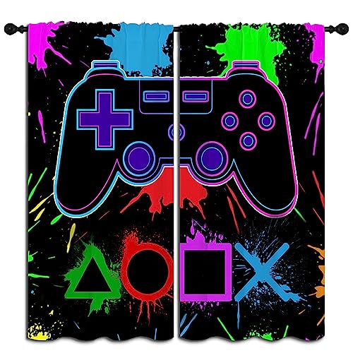 LHROOMJK Gamer Gaming Gamepad Rod Pocket Blackout Curtains for Boy Girl Bedroom, Colorful Splash Art Video Game Controller Light Filtering Window Drapes for Living Room Home Decor Privacy, 42x63 inch