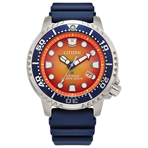 Citizen Promaster Dive Eco-Drive Watch, 3-Hand Date, ISO Certified, Luminous Hands and Markers, Rotating Bezel, Blue/Orange Dial