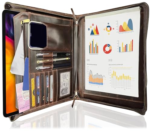 Supreme Business Portfolio by Rustic Town | Professional Organizer for Men & Women | Durable Leather Padfolio | Easy to Carry with A Zippered Closure | Many Slots, Compartments & Holders