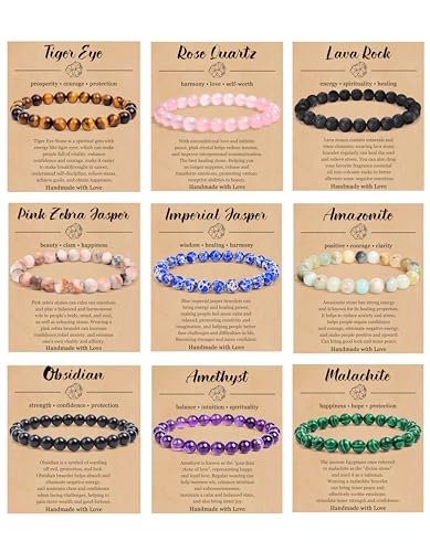 BOMAIL 9PCS Natural Crystal Bracelets for Women Men - 8mm Semi-Precious Gemstone Beaded Bracelets, Round Gemstones Stretch Bracelet, Yoga Bracelets Jewelry Gifts