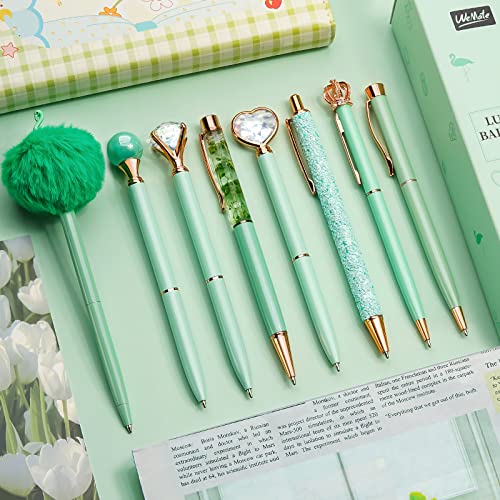 WEMATE 8Pcs Ballpoint Pens Set,Ballpoint Pen Bling for Women,Girly Pens,Black & Blue Ink Ball Point Pen Gifts for Wedding Bridesmaid Office Green