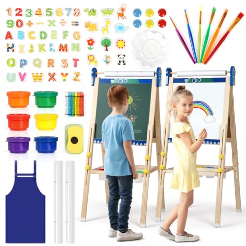 Kids Easel, 3 in 1 Kids Easel Stand for Painting with Magnetic Board Drawing Paper Chalkboard & White Board for Kids, Adjustable Kids Easel with Kids Art Supplies, Painting Set, Gift for Kids Blue