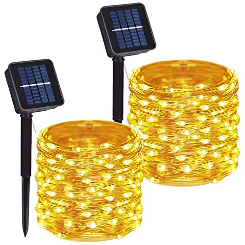 DAYLIGHTIR 2 Pack 100 LED Solar Powered Copper Wire String Lights Outdoor, Waterproof, 8 Modes Fairy Lights for Garden, Patio, Party, Yard, Christmas (Warm White)