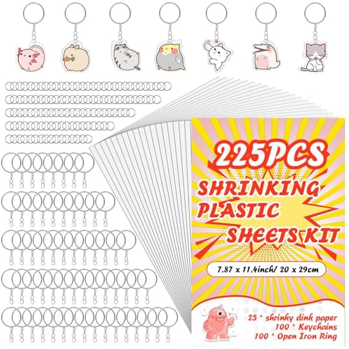 225PCS Shrinky Dink Kit,Shrinky Dink Sheets,Shrink Plastic Sheets Kit with 25PCS Shrinky Dink Paper,100PCS Keychains and Open Iron Ring for Kids Creative Craft Marking, Handprint Keychains
