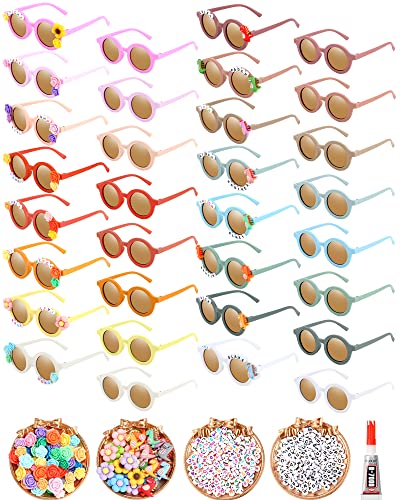 Cindeer 591 Pcs Kids Sunglasses DIY Kit 32 Cute Sunglasses 90 Rose Flower Dinosaur Charms 468 Letter Beads Glue(Round)