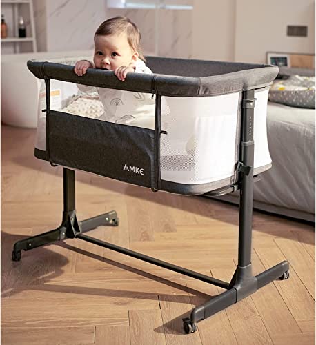 AMKE Baby Bassinets, Bedside Sleeper for Baby, All mesh Baby Crib Portable Bassinets for Safe Co-Sleeping, Safe Adjustable Baby Bed for Baby Infant Newborn Girl Boy (Dark-Grey)