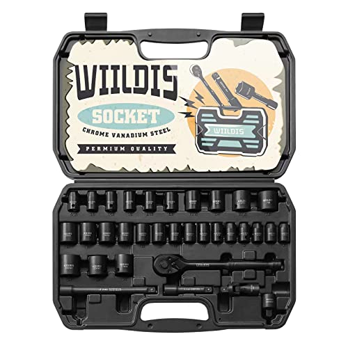 WIILDIS Impact Socket Set, 33-Piece, 3/8' Drive Socket Set with 72 Teeth Reversible Ratchet Wrench, CR-V, 6 Point, SAE/Metric, 5/16 Inch - 7/8 Inch, 6mm - 24mm, Mechanic Tool Kits for Men