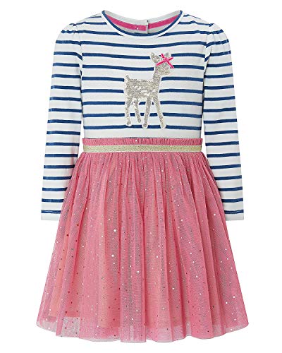 Youlebao Girls Cotton Long Sleeve Casual Cartoon Appliques Striped Jersey Dresses (6T, UGDS04)