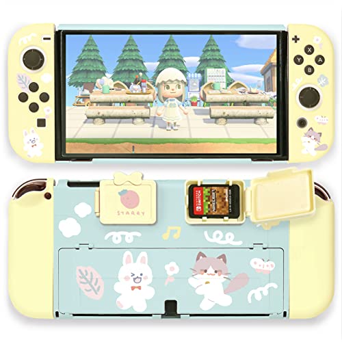 Starry Forest Cute Protective Cases for Nintendo Switch OLED with Game Card Storage Boxes, Dockable slim case cover Shell for Switch OLED console (Green/Yellow - Bunny Cat)
