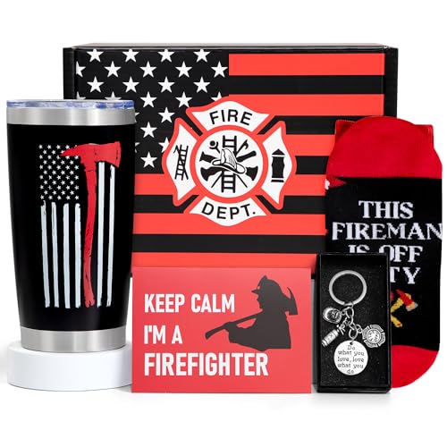 Firefighter Fireman Gifts For Men, Christmas Birthday Cool Funny Graduation Present Stuff for him Dad Husband Boyfriend with 20oz Stainless Steel Coffee Wine Insulated Tumbler Mug Cup, Socks, Keytrain