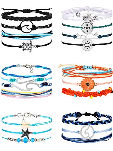 Hicarer 21 Pieces Surfer Wave Bracelet Ocean Wave Adjustable Waterproof Handmade Friendship Bracelet Anklets Jewelry for Women Teen (Ocean Style)