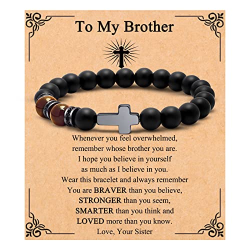 Brother Gift from Sister Fashion Cross Bracelets for Men Prayer Stretch Bracelets for Men Tiger Eye Natural Stone Stress Relief Healing Beaded Bracelet Graduation Birthday Christmas Thanksgiving Gift