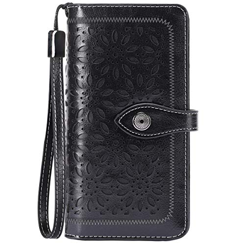 HUANLANG Women Wallets Large Ladies Leather Wallet with Coin Pocket RFID Wallet Organizer for Women with Wrist Strap (Black)