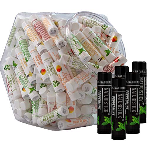 155-Pack Lip Balm in Bulk by Naturistick. Assorted Flavors. 100% Natural Ingredients. Includes Display Fishbowl. Best Beeswax Chapstick for Dry, Chapped Lips. Made in USA