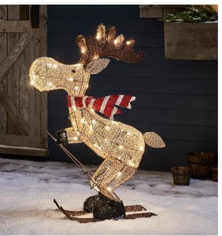 Christmas Reindeer Outdoor Decorations, 3D Lighted Reindeer Yard Decorations with Warm White Lights, Pre-Lit White Deer Christmas Decor for Yard Patio Lawn Porch Garden Outside Xmas Holiday Party