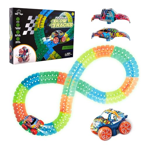 USA Toyz Zero-G Glow Race Track for Kids- 150pcs Glow in the Dark Flexible Race Car Track Set with Suction Cups, Slot Car, 2 Graffiti Toy Cars Shells, STEM Toy LED Car Tracks for Boys and Girls Age 3+