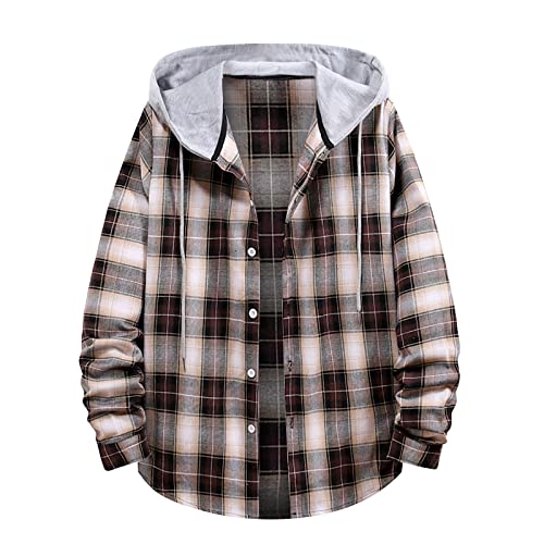 Buffalo Plaid Hooded Shacket Stylish Long Sleeve Shirts Baggy Comfy Casual Shirt Tops Drawstring Button Down Shirts Camisa Morada De Manga Larga Clearance Coffee
