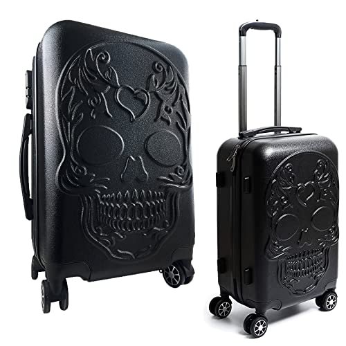 Sugar Skull Travel Suitcase with Wheels - Spinner Rolling Luggage Bag for Traveling - 14.2' x 21.5' x 8.7' Hard Shell Spinner Carry On Baggage for Vacations, Weekender, Traveler Calavera Skeleton Bags