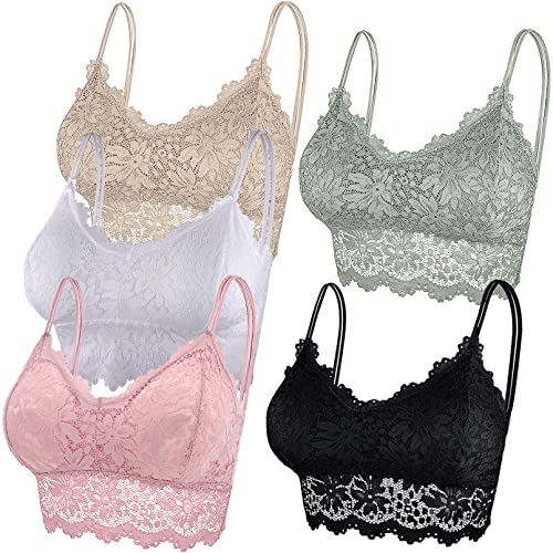 Duufin 5 Pcs Lace Bralettes for Women Bralette Padded Lace Bandeau Bra (S-M, Pink, White, Black, Khaki, Olive)