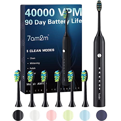 7AM2M Sonic Electric Toothbrush, Soft Toothbrushes for Adults and Kids with 6 Brush Heads, One Charge Use for 90 Days, 5 Modes with 2 Minutes Build in Smart Timer, Rechargeable Toothbrushes(Black)
