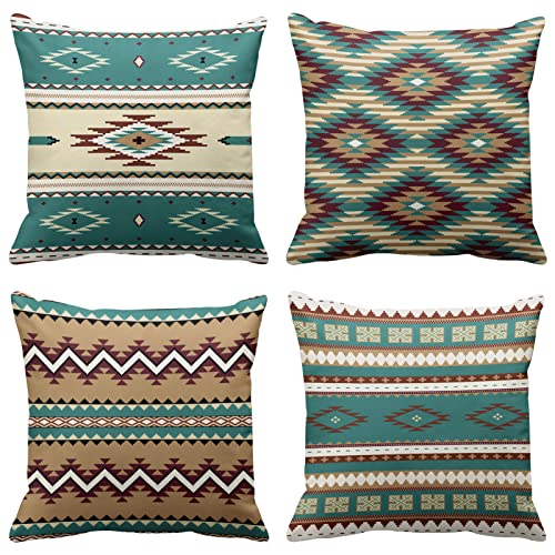 Emvency Set of 4 Brown Turquoise South Western Ethnic Throw Pillow Covers Tribal Native Seamless Pattern Decorative Pillow Cases Home Decor Standard Square 18x18 Inches Pillowcases