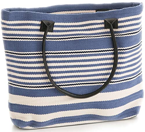 Dash and Albert Rugby Stripe Denim Indoor/Outdoor Tote Bag, One Size Feet, Blue Stripe Pattern