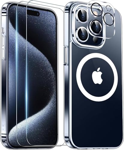 Temdan Magnetic for iPhone 15 Pro Max Case Clear, [Compatible with Magsafe][2 Pcs Glass Screen Protector+Camera Lens Protector] [Not Yellowing] Slim Shockproof for iPhone 15 Pro Max Case,Transparency