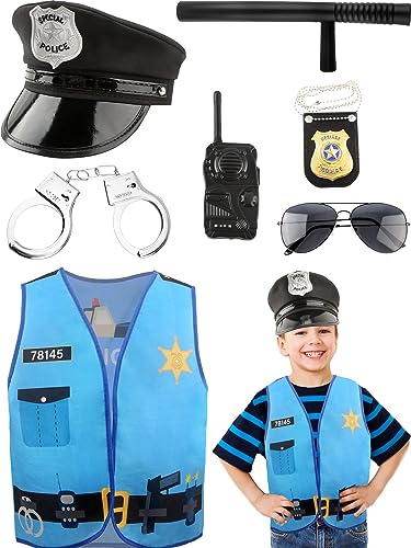 8 Pcs Kids Police Costume Set Police Vest Hat Prop Toys Police Officer Dress Up for Boys Police Career Day Halloween Party