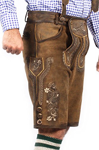 Lederhosen Store | Oktoberfest Bavarian Short Lederhosen Men | Traditional Authentic German Outfit (as1, Waist, Numeric_46, Regular) Brown
