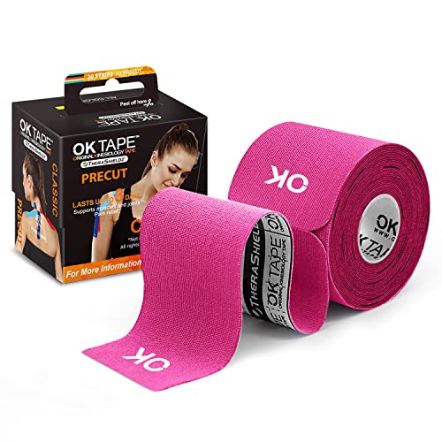 OK TAPE Kinesiology Tape 10 inches Precut, 20 Strips, Cotton Elastic Athletic Tape Latex Free, 2inch x 16ft, Pink