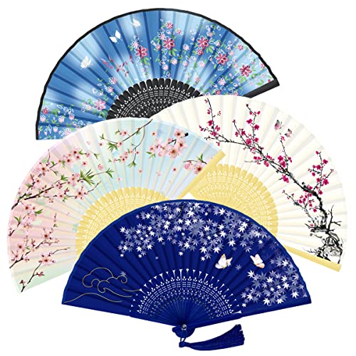 WEARXI Folding Fan - 4 PCS Chinese Fan, Hand Fans for Women Foldable, Silk Bamboo Hand Held Fan, Hollowed Fringe Hand Fan Foldable, Paper Fans for Home, Dancing, Party, Wedding Decoration