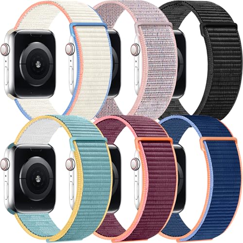 6 Packs Nylon Band Compatible with Apple Watch Band 38mm 40mm 41mm for Women Men, Adjustable Sport Stretchy Braided Solo Loop Strap for iWatch Series Ultra/SE/9/8/7/6/5/4/3/2/1