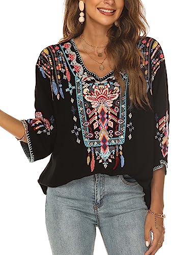 Women's Boho Mexican Embroidered Tops for Women 3/4 Sleeve Shirts Peasant Casual Loose Summer Fall Tunics Blouse (Black, Large)