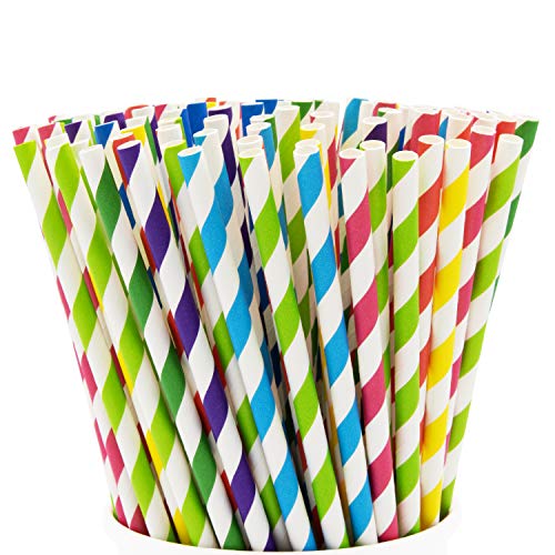 Comfy Package, [200 Pack] Striped Paper Drinking Straws 100% Biodegradable - Assorted Colors