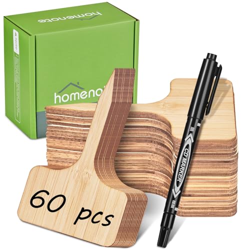 HOMENOTE Bamboo Plant Labels 60Pcs Plant Tags for Seedlings T-Type Plant Tags for Plants Outdoor Garden Markers Vegetable Seedling Label Plant Name Sign Indoor Waterproof with Bonus a Pen（4*2.4 Inch）