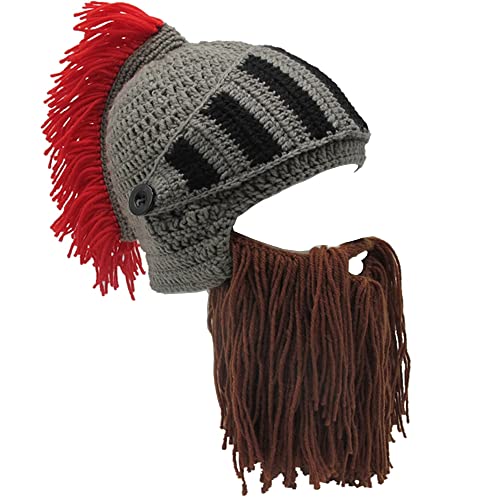 YEKEYI Viking Beard Beanie Horn Hat Winter Warm Mask Knitted Wool Funny Skull Cap (red Knight)