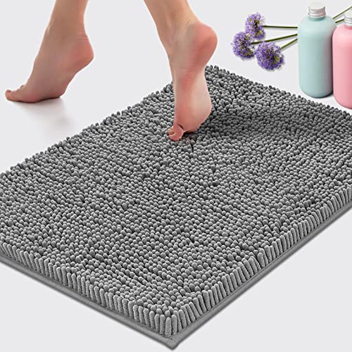 LuxUrux Bath Mat, Extra-Soft Plush Non-Slip Bathroom Rug, Luxury Chenille Microfiber Material, Super Absorbent Shaggy Bath Rug. Machine Wash & Dry (17 x 24, Light Grey)