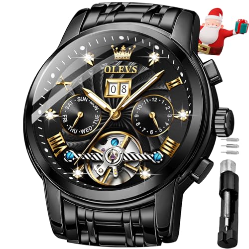 OLEVS Mens Wrist Watches Automatic Mechanical Luxury Dress Self Winding Skeleton Tourbillon Stainless Steel Waterproof Date Watch