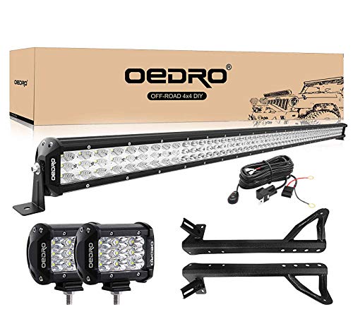 OEDRO LED Light Bar 52 Inch 758W 66430LM Tri-Row Combo Beam+2pcs 4' 27W Spot Light Pod Off Road Driving Lights + Wiring Harness + Upper Roof Windshield Mounting Bracket Fit for 07-18 Jeep JK Wrangler