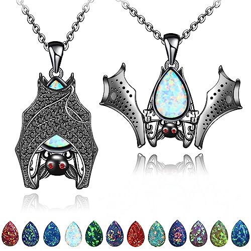 Distance Bat Necklace for Women, White Opal April Birthstone Necklace, 925 Sterling Silver Pendant Christmas Birthday Jewelry Gifts for Women/Girl/Wife/Girlfriend