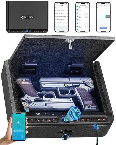 BILLCONCH Gun Safe for Pistols - Biometric Gun Safe 4 Ways Quick Access with Fingerprint/Full-digital Keypad/Key/APP Lock Handgun Safe for Nightstand Bedside Home